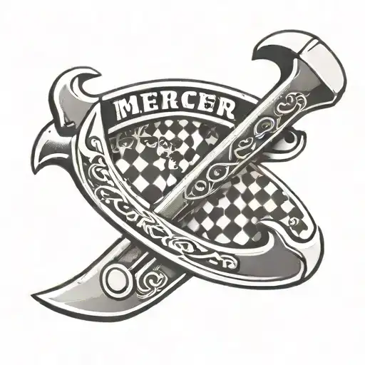 wrench engraved with "Mercer" over a checkered flag tattoo design idea