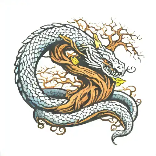 jormungandr wrapped around life tree tattoo design idea