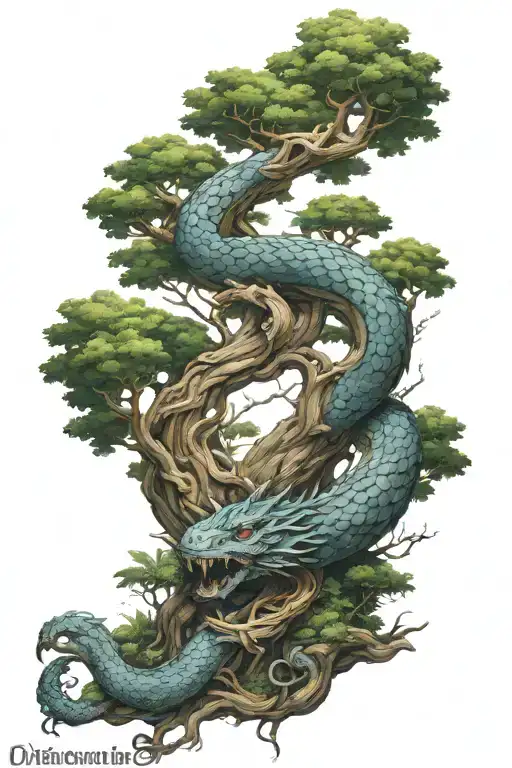 Life tree and jormungandr wrapping tattoo design idea