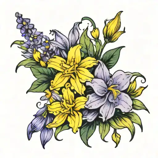 bouquet of violets,daffodils,water lilys  tattoo design idea