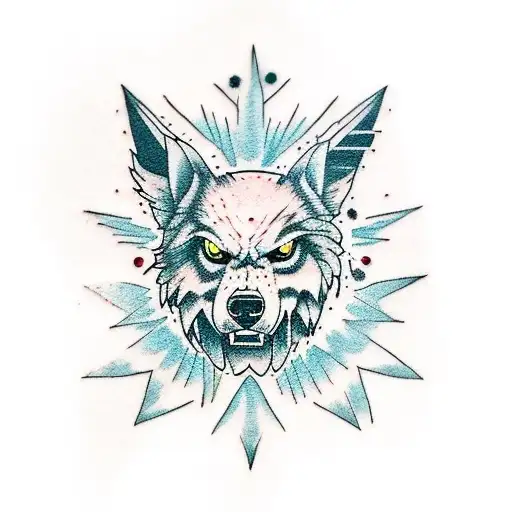 lobo, con tres pinos en el bosque ,raices y una estrella tattoo design idea