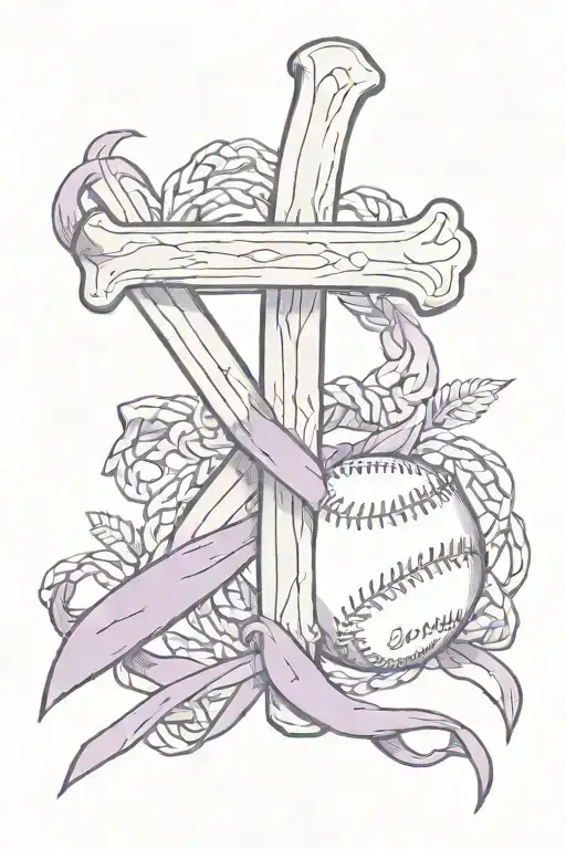 Cross baseball seams with purple ribbon wrapped saying well the devil can scrap but the lord has won tattoo design idea