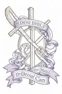 Cross baseball seams with purple ribbon wrapped saying well the devil can scrap but the lord has won tattoo design idea