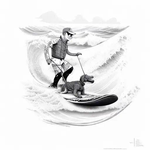 dog surfing the wave on a crocodile tattoo design idea