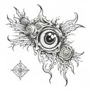 an ephemeral representation of lies/gossip in the form of jagged lines with many eyes between them. forearm tattoo tattoo design idea