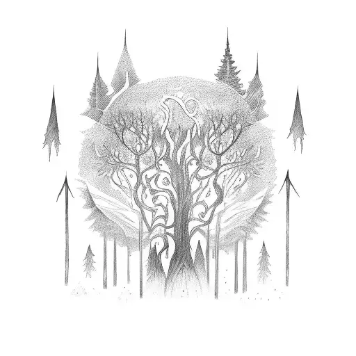 A mystical forest scene with hidden dolmens and goblins lurking in the shadows tattoo design idea