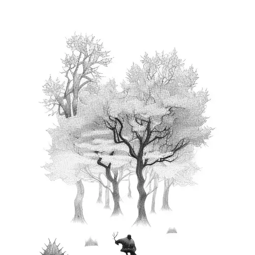 A mystical forest scene with hidden dolmens and goblins lurking in the shadows tattoo design idea
