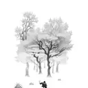 A mystical forest scene with hidden dolmens and goblins lurking in the shadows tattoo design idea