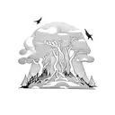 A mystical forest scene with hidden dolmens and goblins lurking in the shadows tattoo design idea