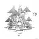 A mystical forest scene with hidden dolmens and goblins lurking in the shadows tattoo design idea