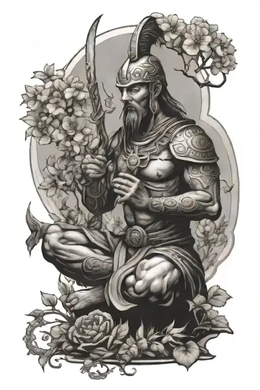 warrior meditating in a garden  tattoo design idea