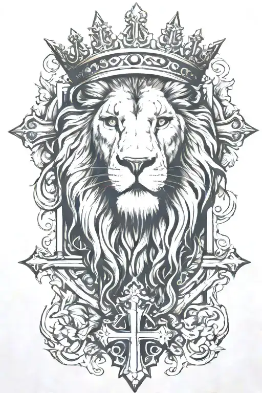 sketch a lion head wearing crown as he's eating the Cross with Jesus Christ in a Irish folklore themed setting  tattoo design idea