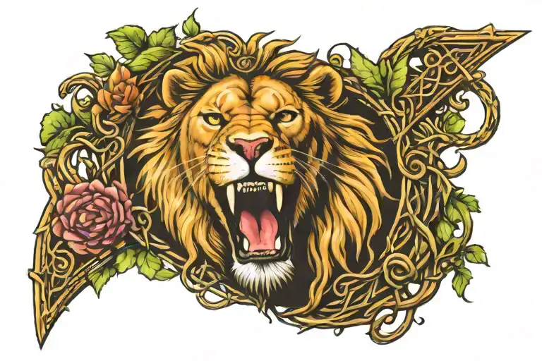 lion wearing a crown made of Celtic tree of life tattoo devouring the Cross with Jesus Christ  tattoo design idea