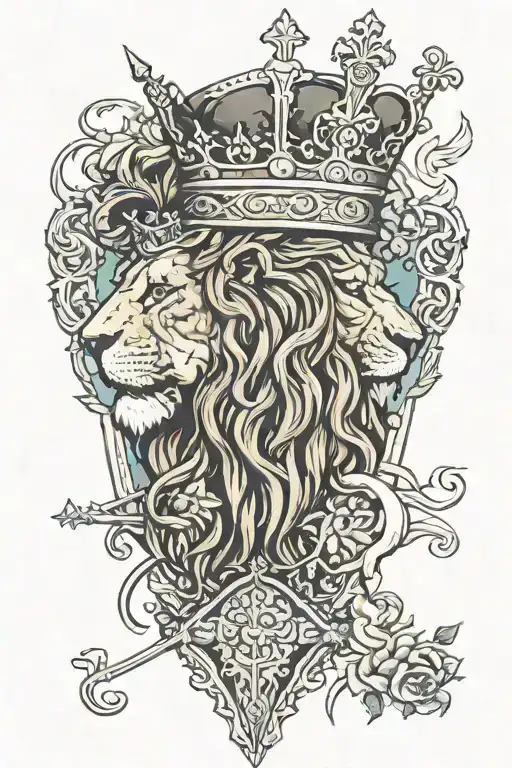 sketch a lion head wearing crown as he's eating the Cross with Jesus Christ in a Irish folklore themed setting  tattoo design idea