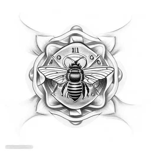 A symbolic tattoo of a firefighter helmet and a lily flower merging into one, with a bee flying nearby tattoo design idea