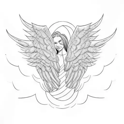 angel wings on tricep with a body of a human trying to reach to those winga tattoo design idea