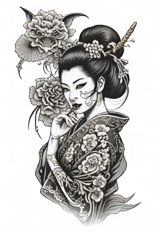 Geisha wearing a hannya mask that she wraps around tattoo design idea