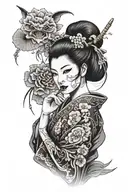 Geisha wearing a hannya mask that she wraps around tattoo design idea