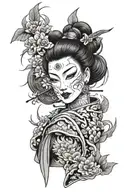 Geisha wearing a hannya mask that she wraps around tattoo design idea