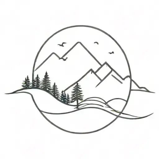 mountain, pine tree, waves, coconut tree growing tattoo design idea