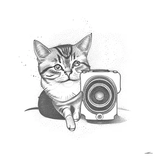 Jack, the programmer cat, sitting on top of a vinyl record player, symbolizing the client's favorite things and occupation tattoo design idea