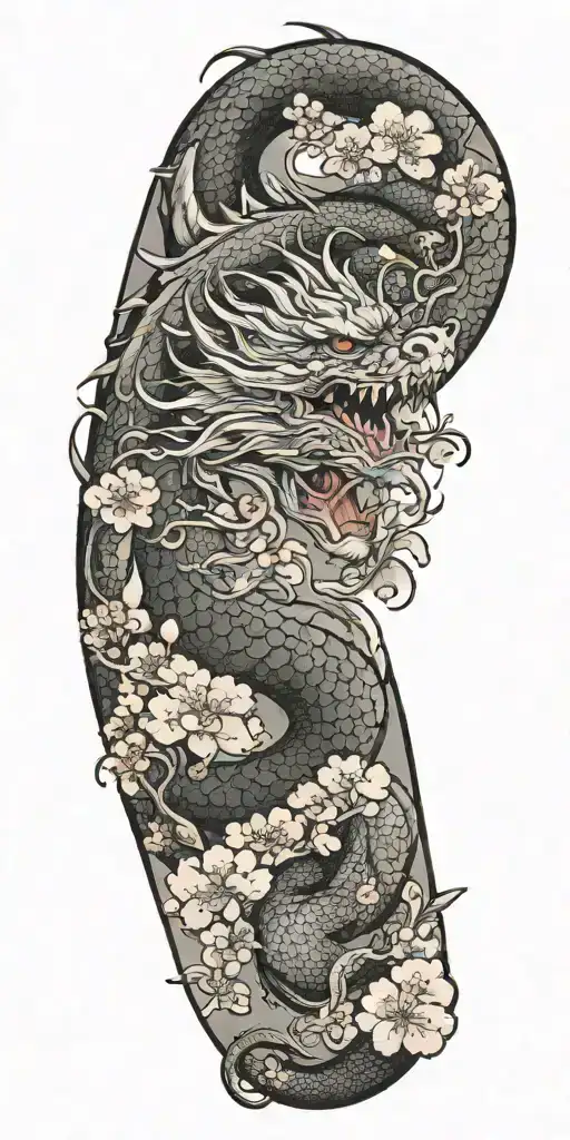 dragon with cherry blossoms and clouds surrounding tattoo design idea