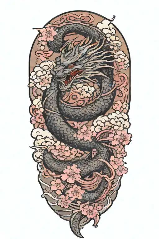 Dragon with Clouds and Cherry Blossom tattoo design idea