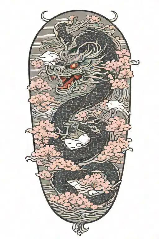 dragon, temple, with cherry blossoms and clouds surrounding tattoo design idea