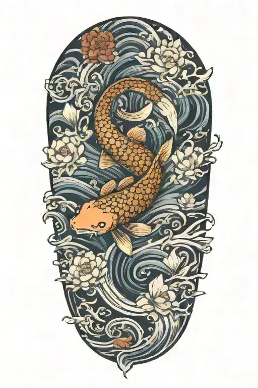 Koi Fish with Waves and Lotus Flower tattoo design idea