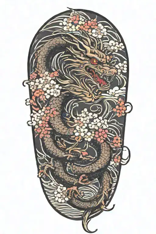 Dragon with Clouds and Cherry Blossom flowers tattoo design idea