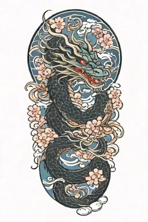Dragon with Clouds and Cherry Blossom flowers tattoo design idea