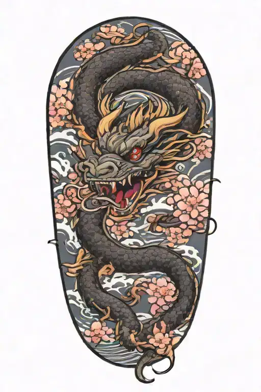Dragon with Clouds and Cherry Blossom flowers tattoo design idea