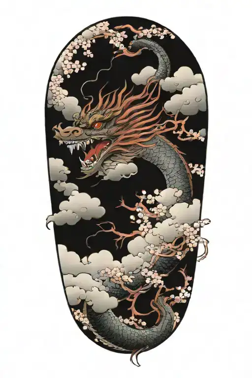 Dragon with Clouds and Cherry Blossom tattoo design idea
