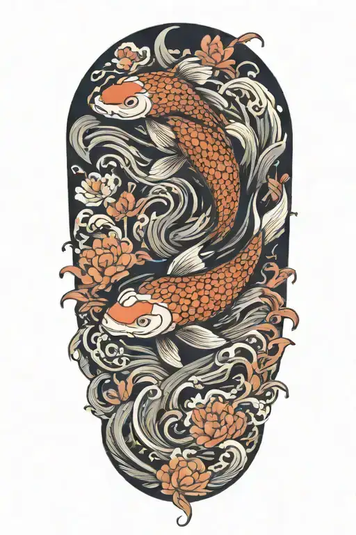 Koi Fish with Waves and Lotus Flower tattoo design idea