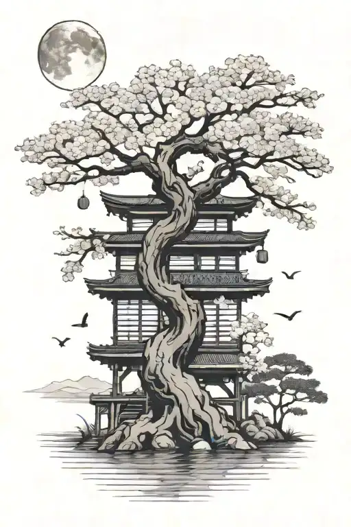 cherry blossom tree with torii gate and moon phases tattoo design idea