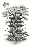 cherry blossom tree with torii gate and moon phases tattoo design idea