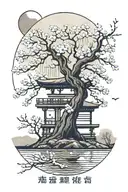 cherry blossom tree with torii gate and moon phases tattoo design idea
