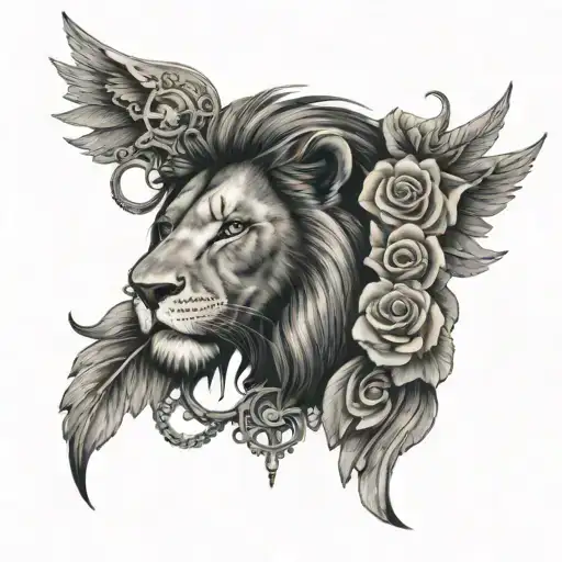 lion side face clock chain cross rose wing cloud tattoo design idea