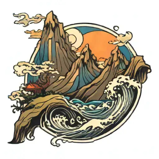 mountain and ocean waves tattoo design idea