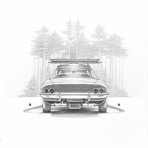 A sleek hot rod racing through a forest, with a hidden fishing lure hanging from the rearview mirror tattoo design idea