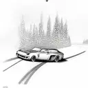 A sleek hot rod racing through a forest, with a hidden fishing lure hanging from the rearview mirror tattoo design idea