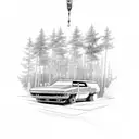 A sleek hot rod racing through a forest, with a hidden fishing lure hanging from the rearview mirror tattoo design idea