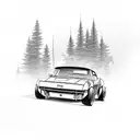 A sleek hot rod racing through a forest, with a hidden fishing lure hanging from the rearview mirror tattoo design idea