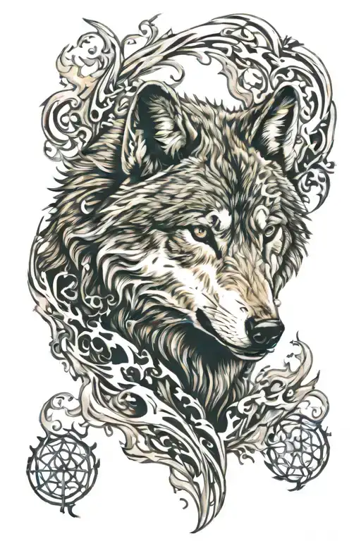 wolf in fire flames tattoo design idea