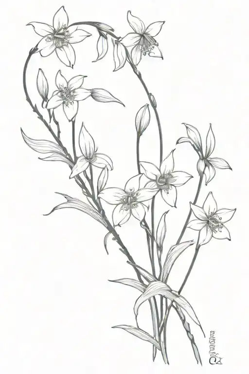 thin long snowdrops violets and chrysanthemums tattoo design idea