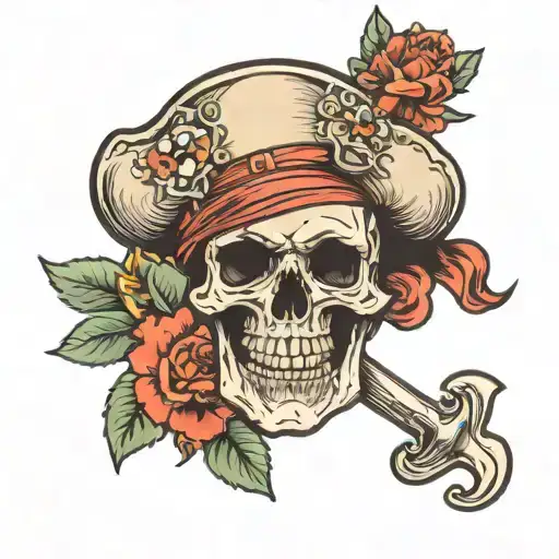 pirate skull with a flowery headband tattoo design idea