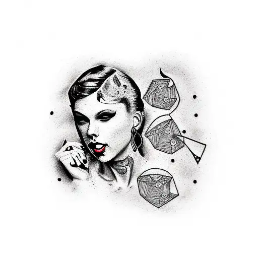 A dotwork tattoo of Taylor Swift's silhouette surrounded by pop song lyrics written as book pages tattoo design idea