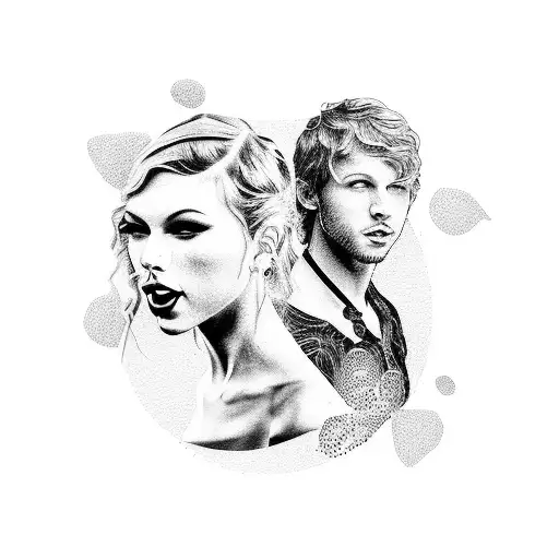 A dotwork tattoo of Taylor Swift's silhouette surrounded by pop song lyrics written as book pages tattoo design idea