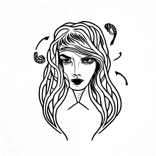 a portrait of a youthful woman with glowing eyes and hair of fire. some strands of hair are snakes.  tattoo design idea