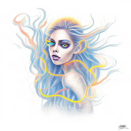 a portrait of a youthful woman with glowing eyes and hair of fire. some strands of hair are snakes.  tattoo design idea
